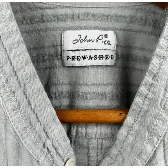 John P. Men's Sage Textured Cotton Band Collar Button-Up Shirt | Made in Greece - Picture 3 of 6